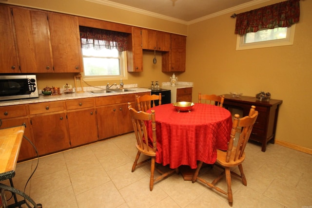 2102 N 22nd St, Paragould, AR 72450 - kitchen with stainless steel microwave, a sink, light countertops, ornamental molding, and brown cabinetry