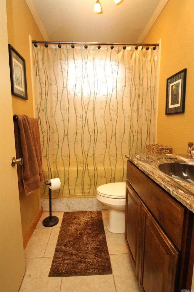 2102 N 22nd St, Paragould, AR 72450 - bathroom featuring ornamental molding, vanity, toilet, a shower with shower curtain, and tile patterned floors