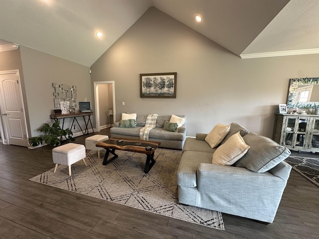 1008 Wildcat Ln, Jonesboro, AR 72405 - living room featuring wood finished floors, ornamental molding, high vaulted ceiling, and recessed lighting