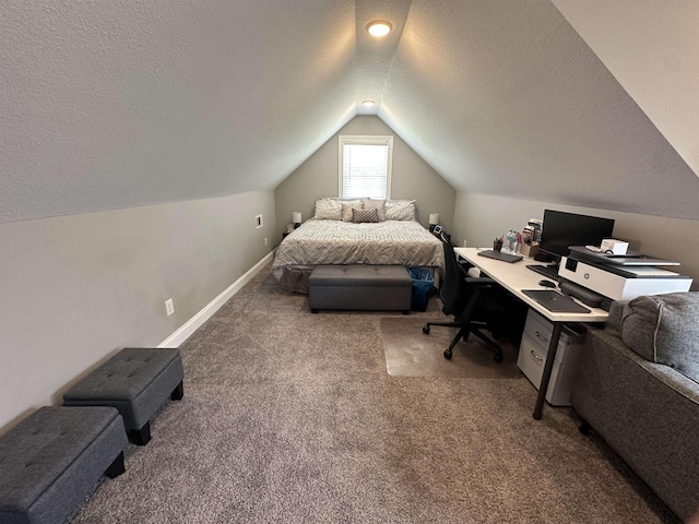 1008 Wildcat Ln, Jonesboro, AR 72405 - carpeted bedroom featuring vaulted ceiling, a textured ceiling, a desk, and baseboards