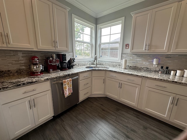 1008 Wildcat Ln, Jonesboro, AR 72405 - kitchen with dishwasher, a sink, white cabinets, tasteful backsplash, and crown molding