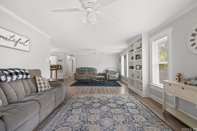 1032 Virginia Ave, Bauxite, AR 72011 - living room with ceiling fan, crown molding, wood finished floors, and baseboards