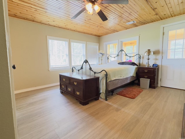 9689 W Ar 56th Hwy, Wideman, AR 72585 - bedroom featuring light wood-type flooring, wooden ceiling, baseboards, and a ceiling fan