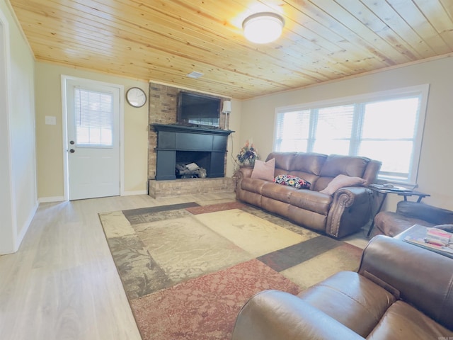 9689 W Ar 56th Hwy, Wideman, AR 72585 - living room featuring wood ceiling, a brick fireplace, wood finished floors, and baseboards