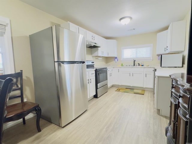9689 W Ar 56th Hwy, Wideman, AR 72585 - kitchen featuring stainless steel appliances, under cabinet range hood, a sink, light wood-style floors, and white cabinets