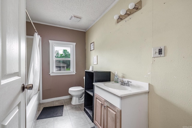 313 W Miller St, Gurdon, AR 71743 - full bathroom featuring toilet, vanity, a textured ceiling, tile patterned floors, and shower / tub combo