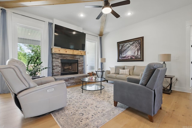 10584 Gunter Loop, Benton, AR 72019 - living room featuring light wood finished floors, a ceiling fan, a fireplace, recessed lighting, and baseboards