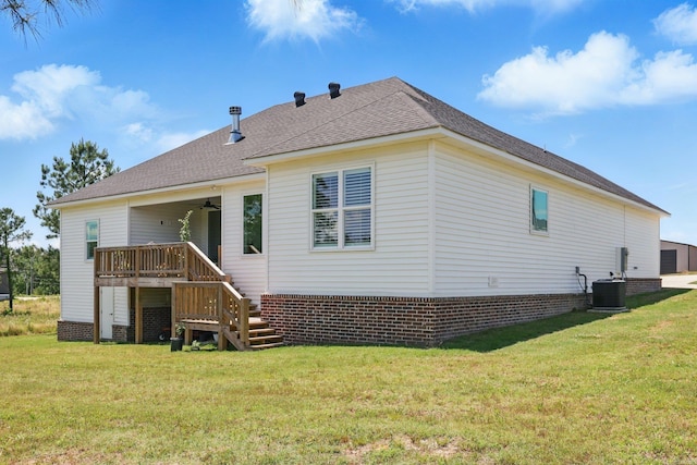 10584 Gunter Loop, Benton, AR 72019 - rear view of house featuring stairs, a ceiling fan, a yard, a wooden deck, and a shingled roof