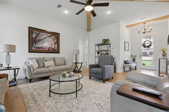 10584 Gunter Loop, Benton, AR 72019 - living area with a chandelier, a ceiling fan, beamed ceiling, light wood finished floors, and recessed lighting