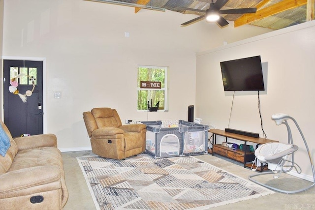 312 Broken Bow Trl, Lonsdale, AR 72087 - living area with ceiling fan, baseboards, high vaulted ceiling, and concrete floors