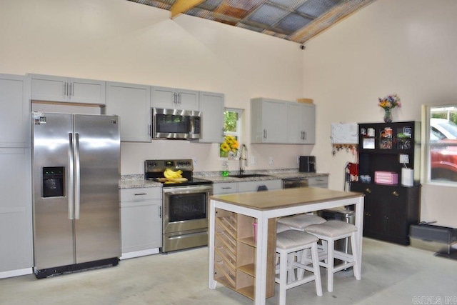 312 Broken Bow Trl, Lonsdale, AR 72087 - kitchen featuring stainless steel appliances, gray cabinets, a sink, and high vaulted ceiling