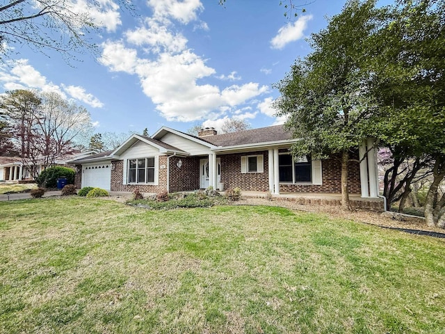 1908 Honeysuckle Dr, Mountain Home, AR 72653 - ranch-style house featuring an attached garage, brick siding, a chimney, and a front lawn