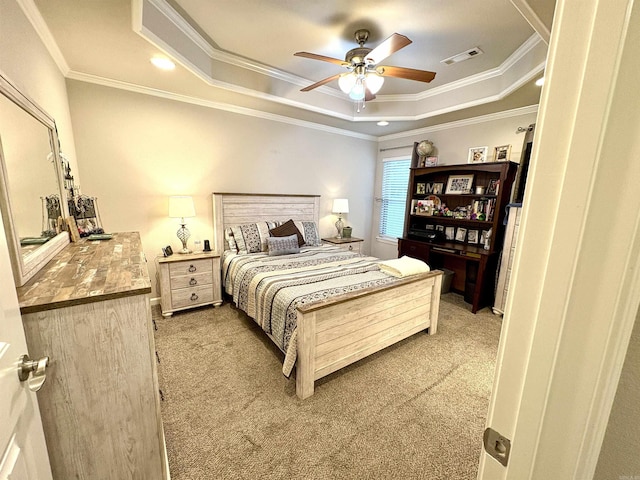 135 Meadow Dr, Beebe, AR 72012 - bedroom with a raised ceiling, light carpet, ornamental molding, and ceiling fan
