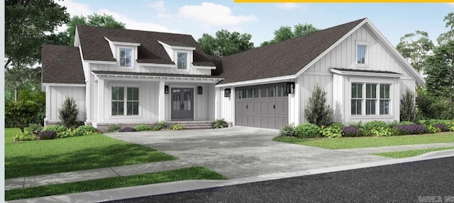 62 Lucia Ln, Maumelle, AR 72113 - modern farmhouse style home featuring board and batten siding, concrete driveway, a porch, an attached garage, and a front lawn