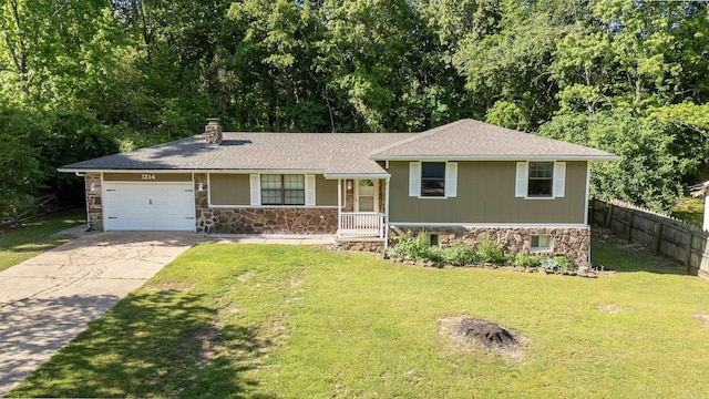 1214 Sammy St, Mountain Home, AR 72653 - split level home with stone siding, a garage, concrete driveway, a chimney, and roof with shingles