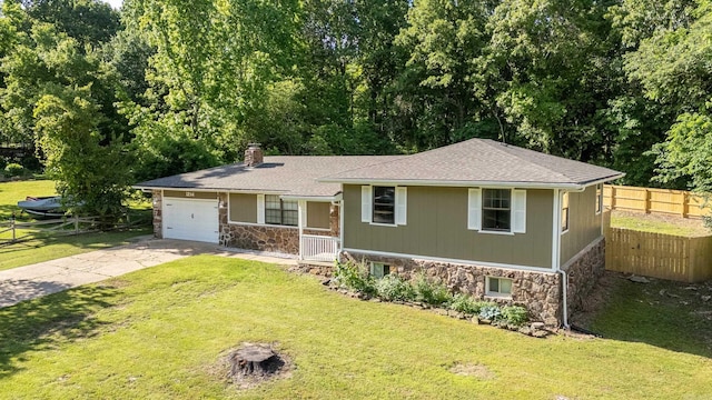 1214 Sammy St, Mountain Home, AR 72653 - ranch-style home featuring stone siding, concrete driveway, a chimney, a garage, and a shingled roof