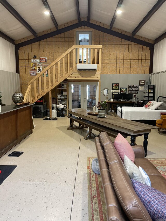 630 Cliffview Dr, Quitman, AR 72131 - living room featuring stairway, lofted ceiling, and french doors