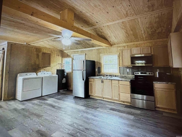 8923 Misenheimer Rd, Mountain View, AR 72560 - kitchen with appliances with stainless steel finishes, wood ceiling with exposed beams, washer and dryer, dark wood-type flooring, and ceiling fan