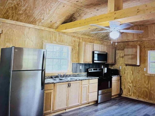 8923 Misenheimer Rd, Mountain View, AR 72560 - kitchen with stainless steel appliances, a sink, wood walls, dark countertops, and wooden ceiling