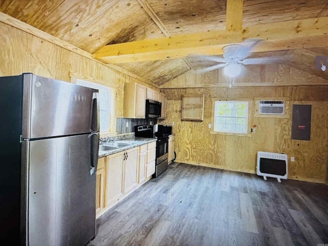 8923 Misenheimer Rd, Mountain View, AR 72560 - kitchen with stainless steel appliances, wooden ceiling, heating unit, electric panel, and dark wood finished floors