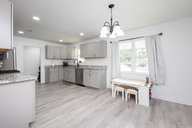 4605 N Cedar, North Little Rock, AR 72116 - kitchen featuring stainless steel dishwasher, gray cabinetry, a chandelier, light wood-style flooring, and recessed lighting