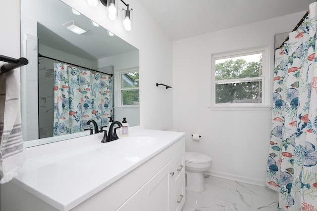 4605 N Cedar, North Little Rock, AR 72116 - bathroom with vanity, toilet, marble look tiles, and plenty of natural light