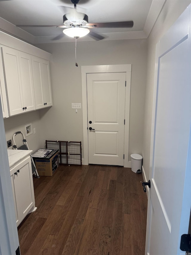1927 College Ave, Conway, AR 72034 - laundry area with cabinet space, hookup for a washing machine, a ceiling fan, and dark wood-style floors