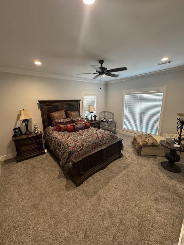 1927 College Ave, Conway, AR 72034 - carpeted bedroom with ornamental molding, recessed lighting, a ceiling fan, and baseboards