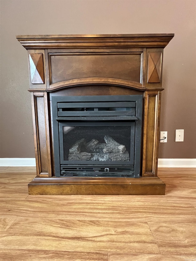 detailed view of baseboards, wood finished floors, and a fireplace