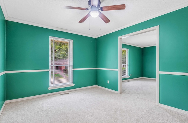 4204 Fox Hill Rd, North Little Rock, AR 72116 - carpeted spare room featuring ornamental molding, a ceiling fan, baseboards, and a textured ceiling