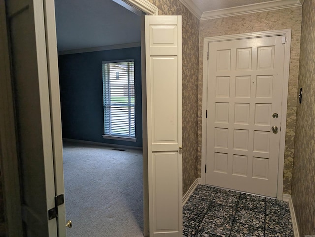 4204 Fox Hill Rd, North Little Rock, AR 72116 - entryway featuring baseboards, ornamental molding, wallpapered walls, and carpet flooring