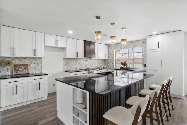 7 Buttermilk Rd, Little Rock, AR 72227 - kitchen with a sink, gas range, decorative backsplash, dark wood-type flooring, and recessed lighting