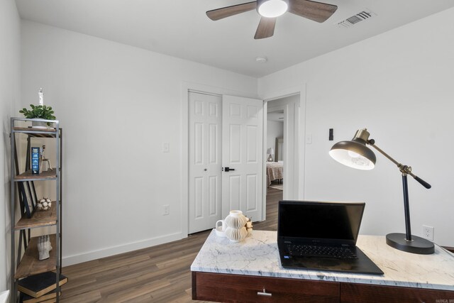 7 Buttermilk Rd, Little Rock, AR 72227 - office featuring dark wood-type flooring, ceiling fan, and baseboards