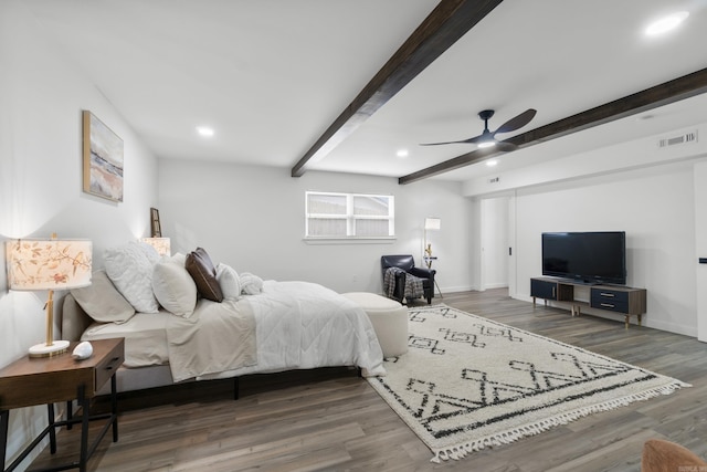 7 Buttermilk Rd, Little Rock, AR 72227 - bedroom featuring beam ceiling, wood finished floors, baseboards, ceiling fan, and recessed lighting