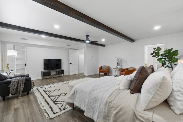 7 Buttermilk Rd, Little Rock, AR 72227 - bedroom featuring beamed ceiling, wood finished floors, recessed lighting, baseboards, and ceiling fan