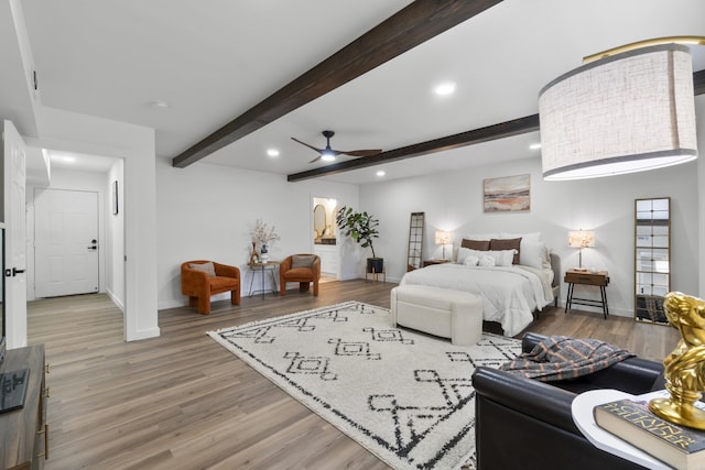 7 Buttermilk Rd, Little Rock, AR 72227 - bedroom featuring baseboards, wood finished floors, beamed ceiling, recessed lighting, and ceiling fan