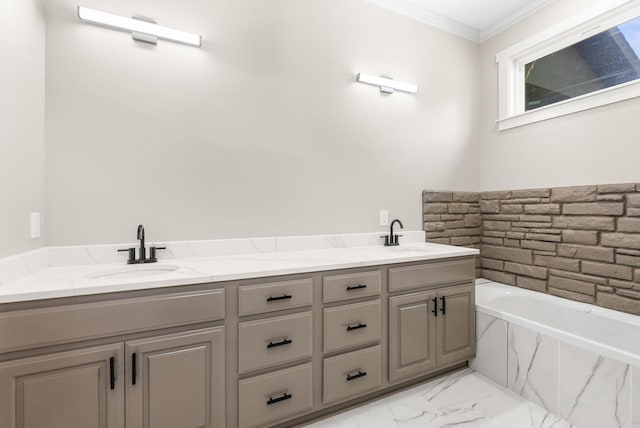 full bath with crown molding, a garden tub, marble finish flooring, and double vanity