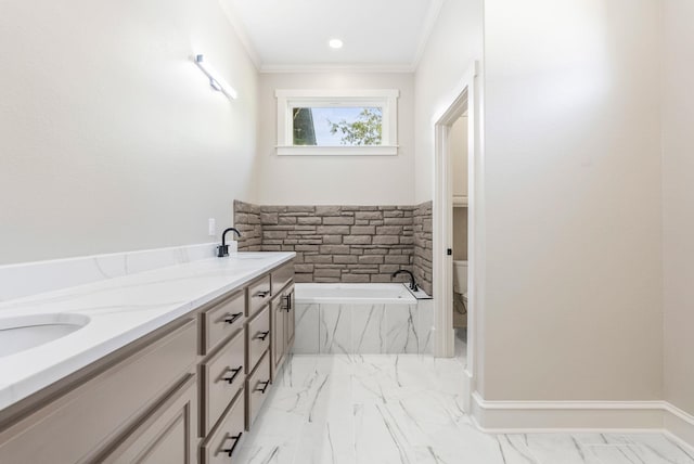 full bathroom with toilet, a garden tub, crown molding, marble finish flooring, and double vanity