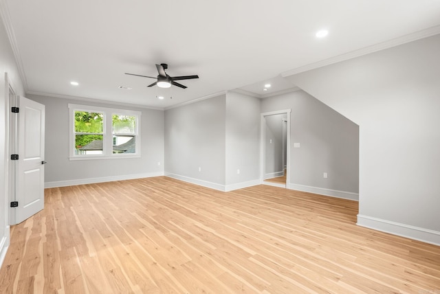 unfurnished living room featuring ornamental molding, ceiling fan, baseboards, light wood-style flooring, and recessed lighting