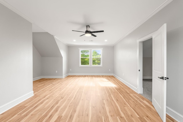 bonus room featuring ceiling fan, light wood-style flooring, baseboards, and recessed lighting