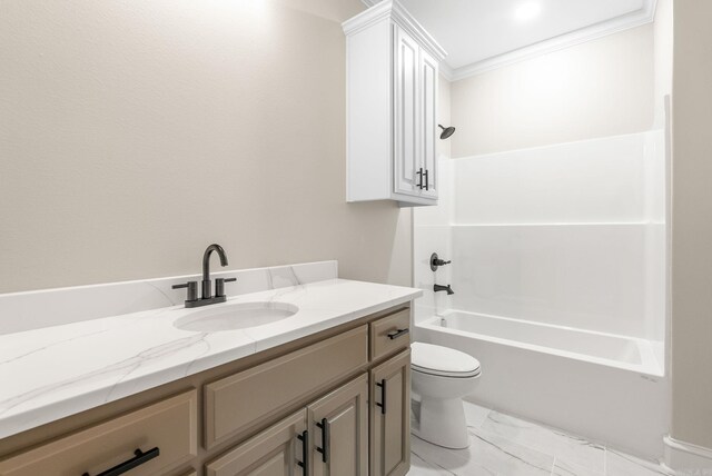 full bath featuring vanity, toilet, ornamental molding, bathing tub / shower combination, and marble look tiles
