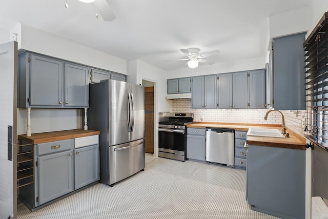 1810 S Pierce St, Little Rock, AR 72204 - kitchen with appliances with stainless steel finishes, wooden counters, ceiling fan, and a sink
