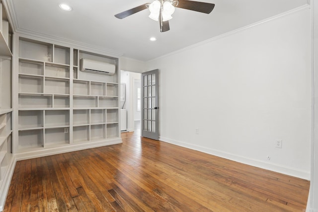 1810 S Pierce St, Little Rock, AR 72204 - unfurnished room with a wall unit AC, ceiling fan, crown molding, baseboards, and wood-type flooring