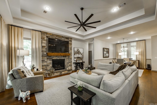 43 Mikes Cir, Heber Springs, AR 72543 - living area with a raised ceiling, ceiling fan, a fireplace, dark wood-style floors, and recessed lighting