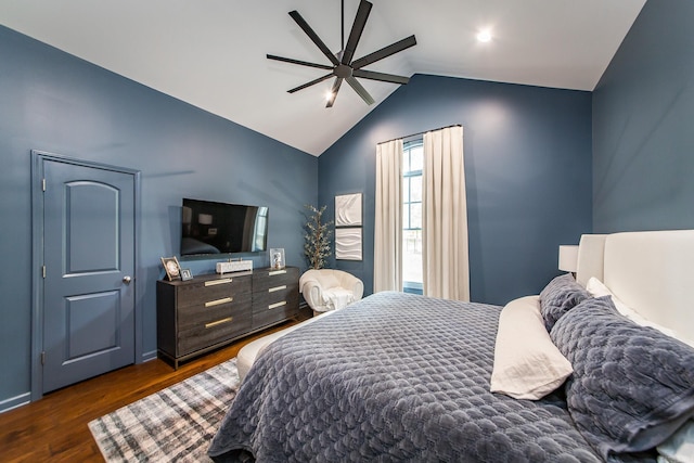 43 Mikes Cir, Heber Springs, AR 72543 - bedroom featuring dark wood-style floors, vaulted ceiling, and a ceiling fan