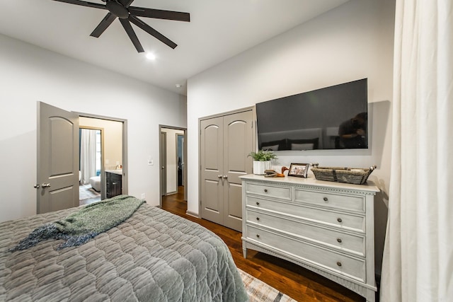 43 Mikes Cir, Heber Springs, AR 72543 - bedroom with dark wood finished floors, a high ceiling, ensuite bath, and ceiling fan