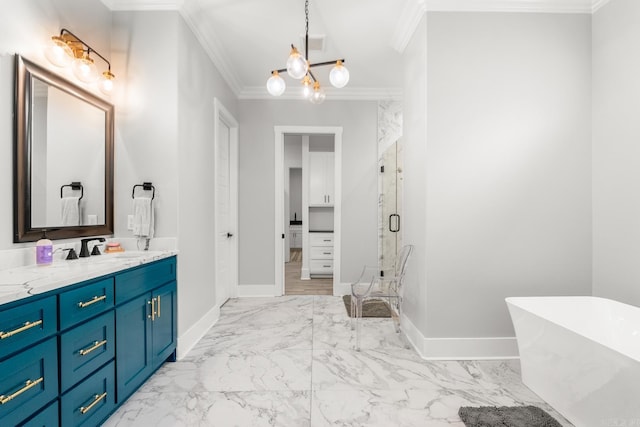 67 Falstone Dr, Little Rock, AR 72223 - full bathroom featuring ornamental molding, marble look tiles, double vanity, a marble finish shower, and a freestanding bath