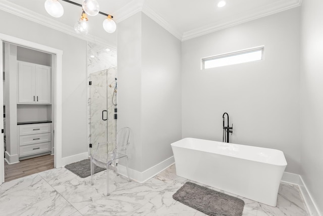 67 Falstone Dr, Little Rock, AR 72223 - full bath featuring marble look tile flooring, a soaking tub, a marble finish shower, baseboards, and crown molding