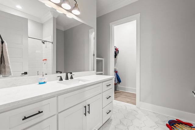 67 Falstone Dr, Little Rock, AR 72223 - full bathroom with ornamental molding, vanity, a shower, baseboards, and recessed lighting