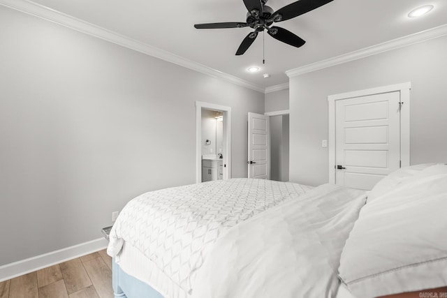 67 Falstone Dr, Little Rock, AR 72223 - bedroom featuring light wood finished floors, crown molding, recessed lighting, baseboards, and ensuite bath